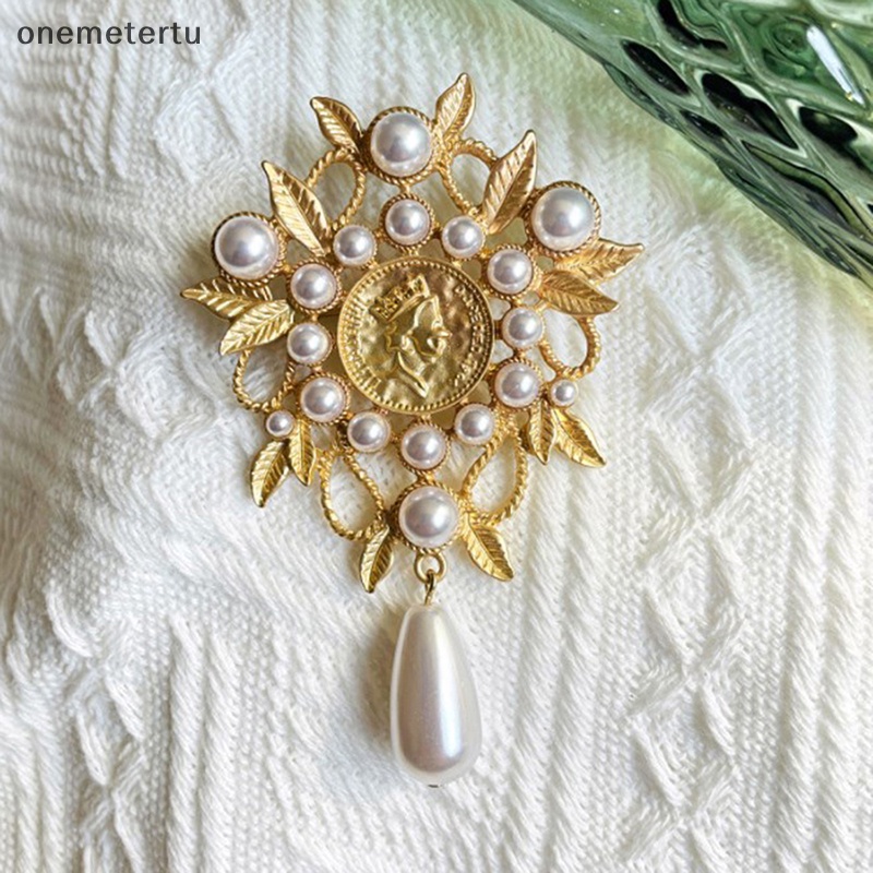 Ghim Cài Áo Hình Giọt Nước / Lá Cây Đính Ngọc Trai Màu Vàng Phong Cách Baroque Cổ Điển Thời Trang Cho Nữ