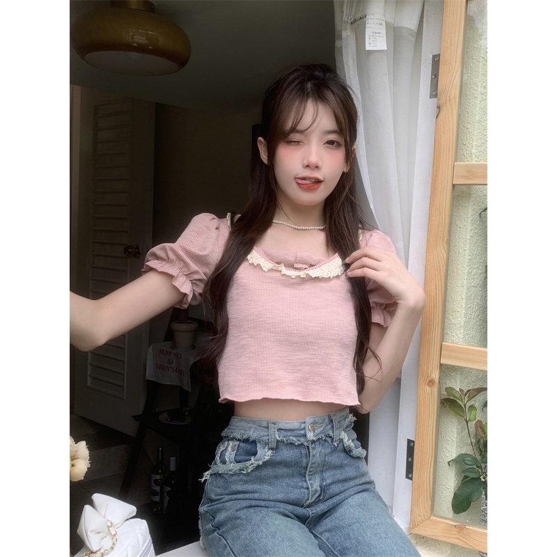 Áo Thun Tay Phồng Cổ Vuông Phối Ren Dáng Ôm Thời Trang Sang Trọng Cho Nữ