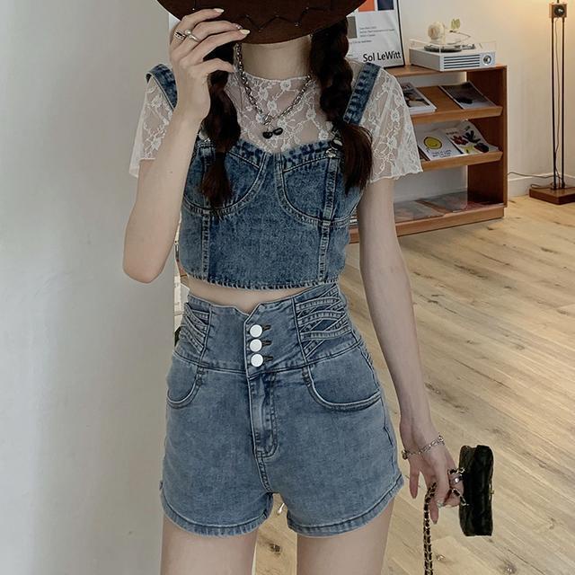 Áo Hai Dây Denim Thời Trang Mùa Hè Phong Cách Retro Cho Nữ