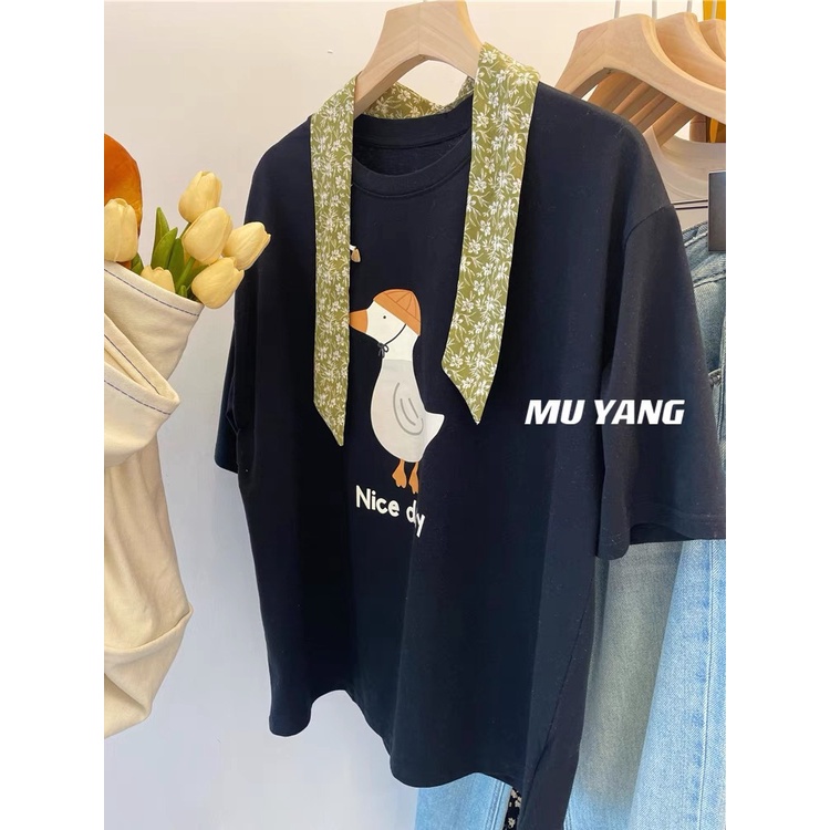 DIDIKA Áo Thun Cotton Tay Ngắn Dáng Rộng Màu Đen Trơn In Chữ Thời Trang Mùa Hè 2023