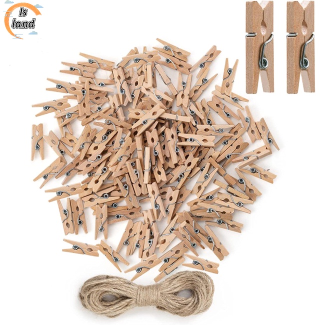 Set 100 Kẹp Quần Áo Mini Bằng Gỗ Tự Nhiên Đa Năng Có Thể Tái Sử Dụng Kèm Dây Đay 10m