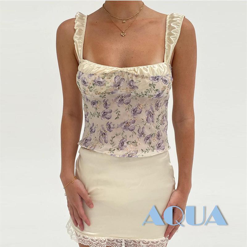 Bộ Áo Tank Top Sát Nách In Hoa + Chân Váy Ren Mini Thời Trang Mùa Hè Cho Nữ