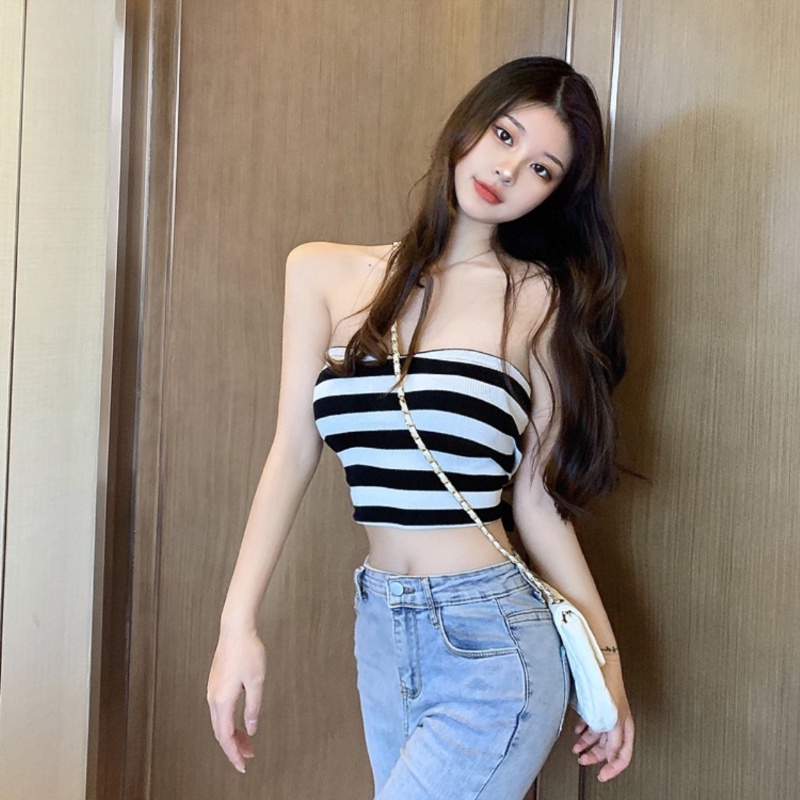 COZOK Áo Dệt Kim Sát Nách Trễ Vai Họa Tiết Kẻ Sọc Thời Trang Gợi Cảm