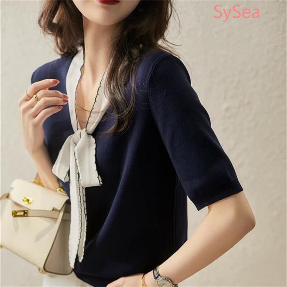 Áo Dệt Kim Phối Nơ Xinh Xắn Theo Phong Cách Mùa Hè Dành Cho Nữ