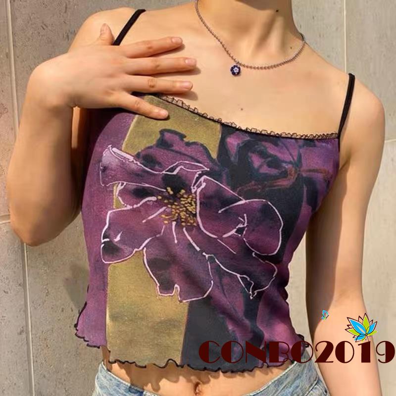 Áo Tank Top Hai Dây Hở Lưng Họa Tiết Hoa Màu Sắc Tương Phản Dành Cho Nữ