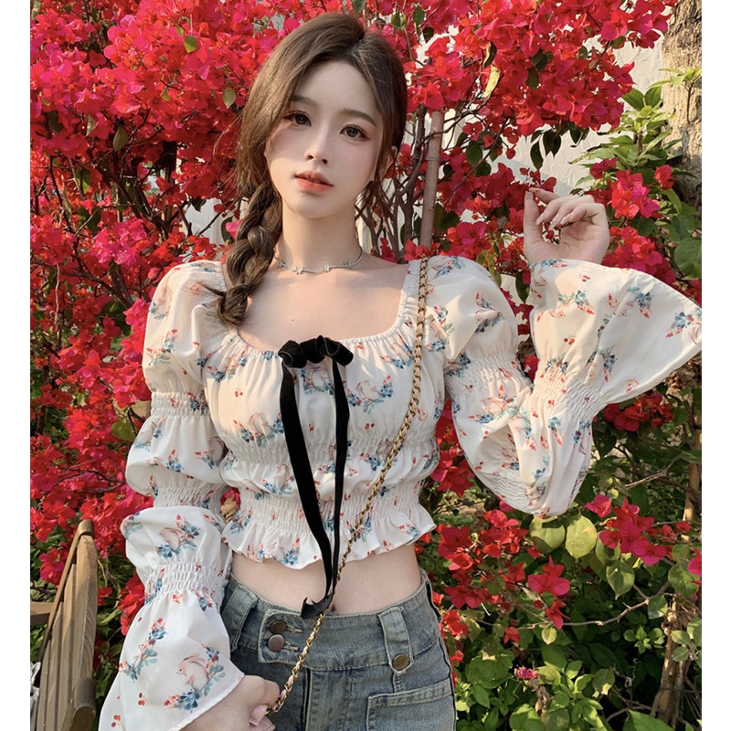 Áo Kiểu Tay Phồng Ngắn Thắt Nơ In Họa Tiết Thời Trang Mùa Hè Xinh Xắn Cho Nữ