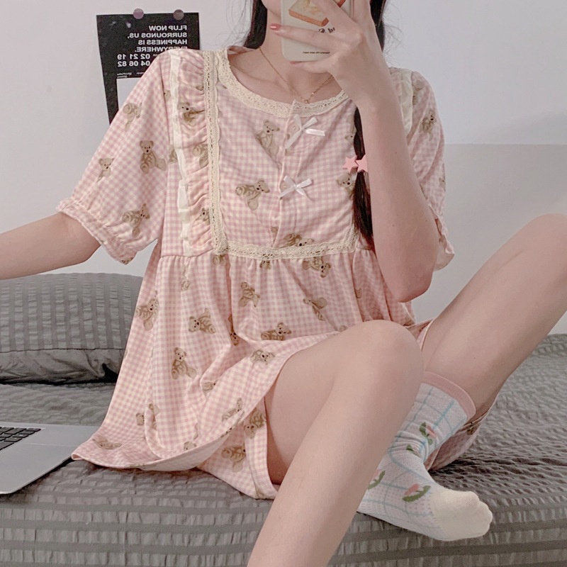 Bộ Đồ Ngủ Tay Ngắn Dáng Rộng Cổ Búp Bê In Hoa Nhỏ Dễ Thương Thời Trang Mùa Hè Cho Nữ