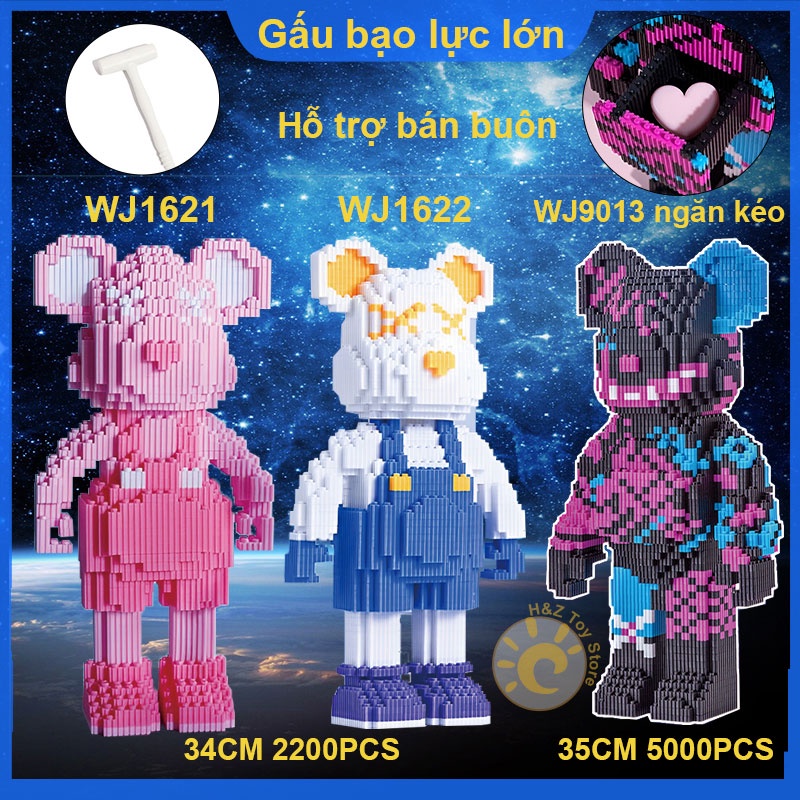 LEGO gấu Bearbrick Đồ Chơi Lắp Ráp Mô Hình Jinx Gấu bạo lực với dây đeo màu hồng size 34/35cm