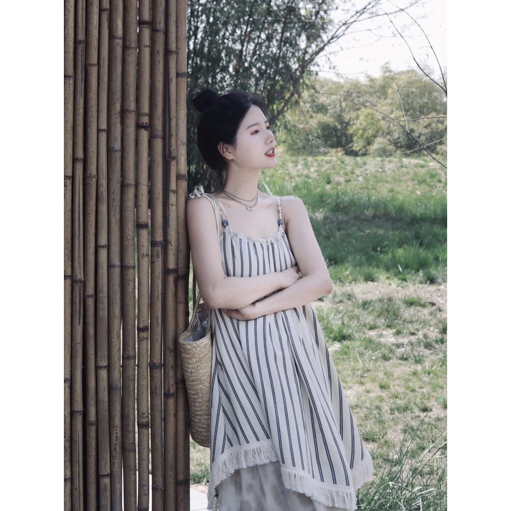 Đầm Chữ A Dáng Rộng Họa Tiết Kẻ Sọc Thời Trang Mùa Hè 2023 Phong Cách Retro Mới Cho Nữ