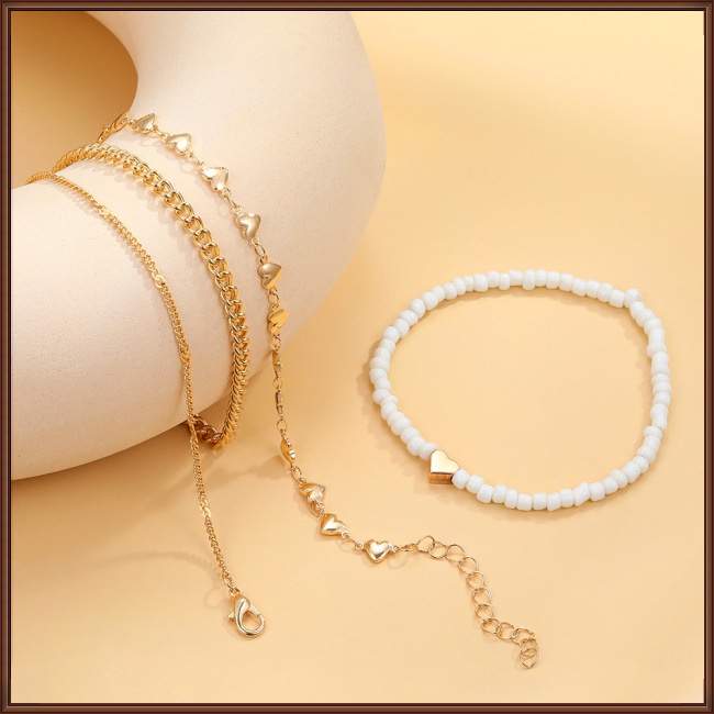 Set 4 Lắc Chân Nhiều Lớp Mặt Hình Trái Tim Phong Cách Retro Cho Nữ