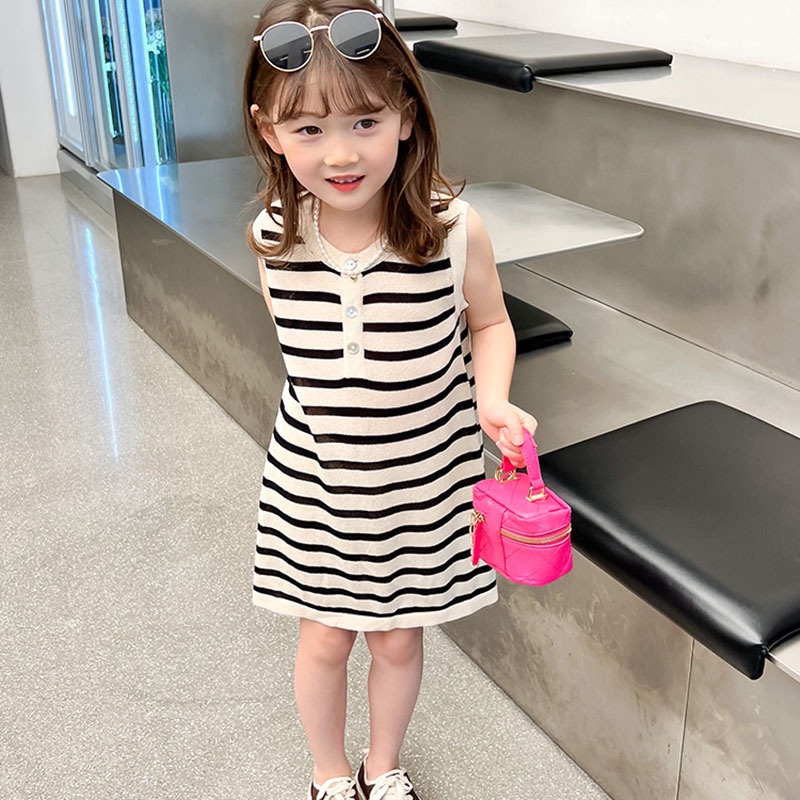 Đầm Kẻ Sọc Phong Cách Hàn Quốc Cho Bé Gái 1-7 Tuổi