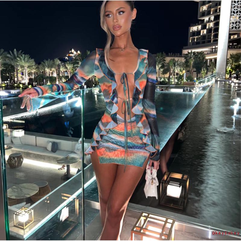 Đầm Ôm Dáng Tay Dài In Màu Nhuộm Phối Dây Cột Kiểu Nhuộm Thời Trang Cho Bạn Gái