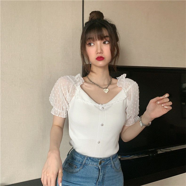 Áo Sơ Mi Chiffon Tay Phồng Phối Ren Thời Trang Mùa Hè Mới Cho Nữ