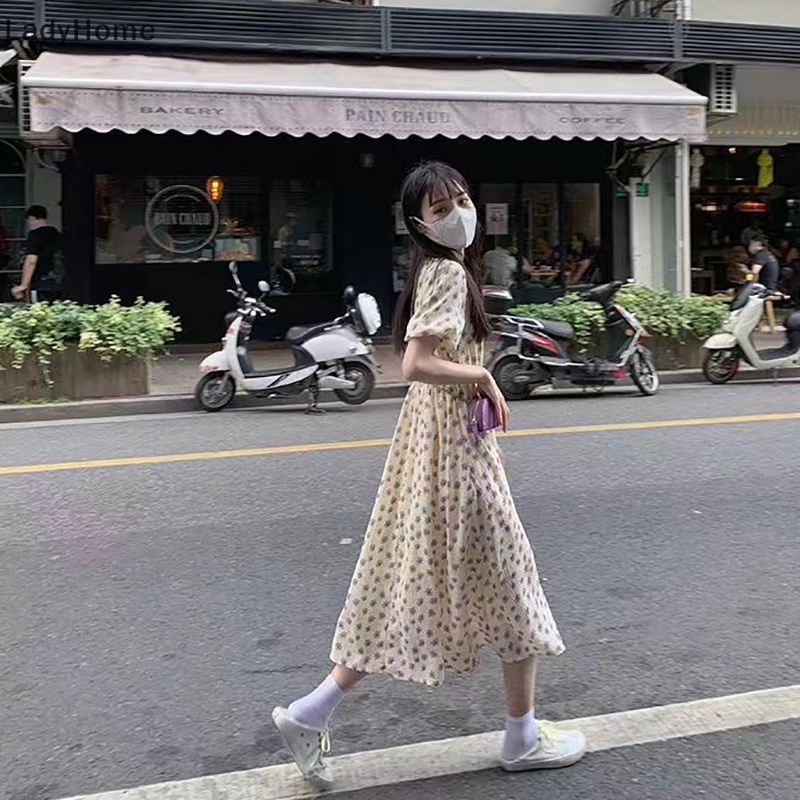 Đầm Midi Tay Phồng Cổ Tròn Họa Tiết Hoa Phong Cách Vintage Thời Trang Mùa Hè Cho Nữ