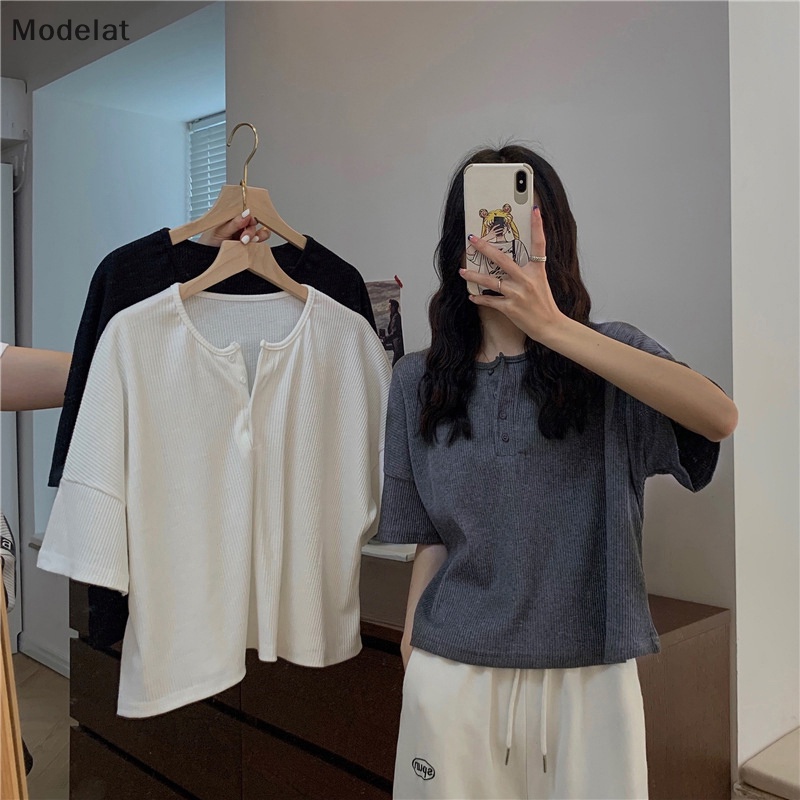 Áo Thun T-shirt Cotton Cổ Tròn Hở Vai Cài Nút Thời Trang Mùa Hè Dành Cho Nữ