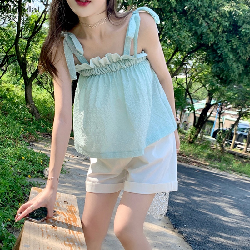 Áo Hai Dây Mùa Hè Dáng Suông Cột Nơ Màu Trơn Ngọt Ngào Cho Nữ