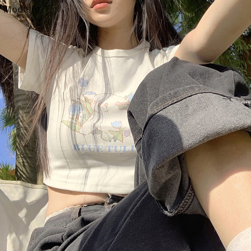 Áo Thun Crop Top Tay Ngắn Cổ Tròn In Họa Tiết Cừu Hoạt Hình Thời Trang Mùa Hè Dành Cho Nữ