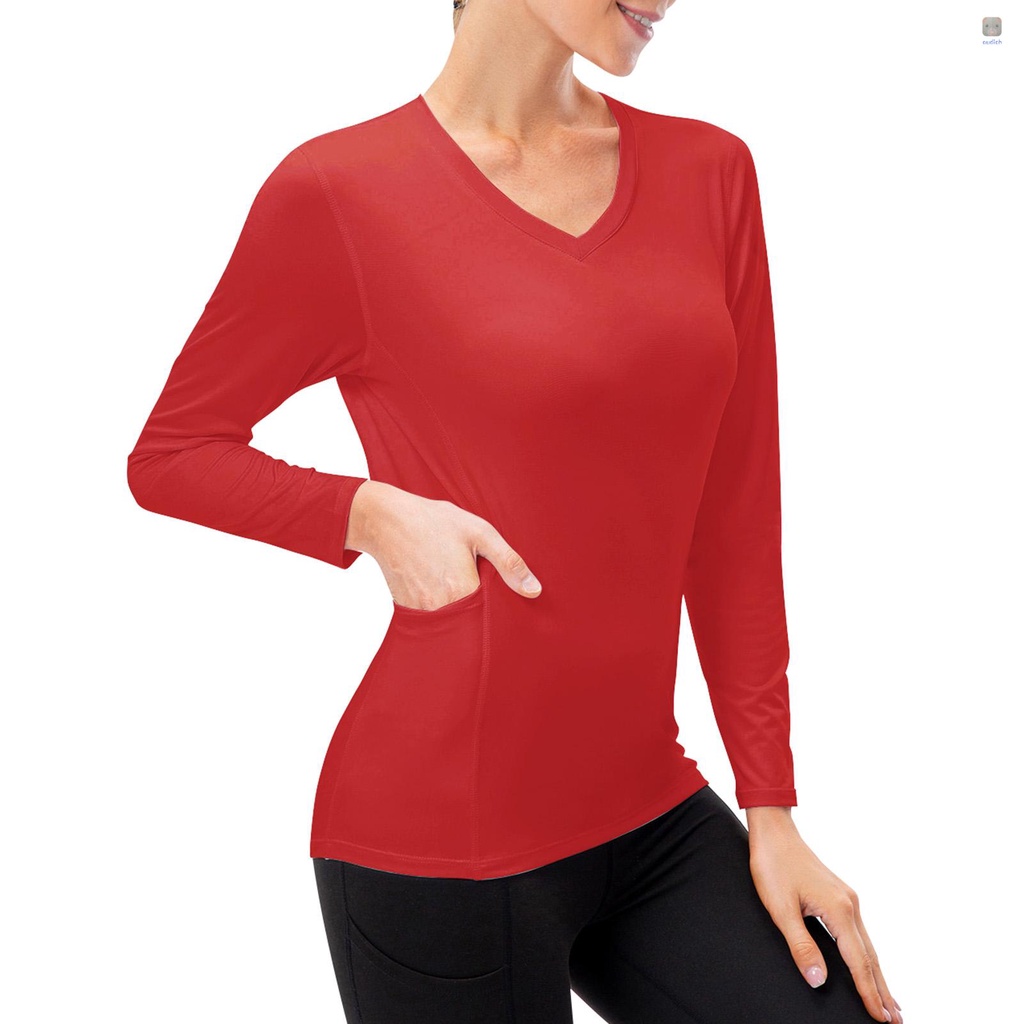 Áo Thun Thể Thao Tay Dài Cổ Chữ V Có Túi Chất Liệu Thấm Hút Khô Thoáng Nhanh Chóng