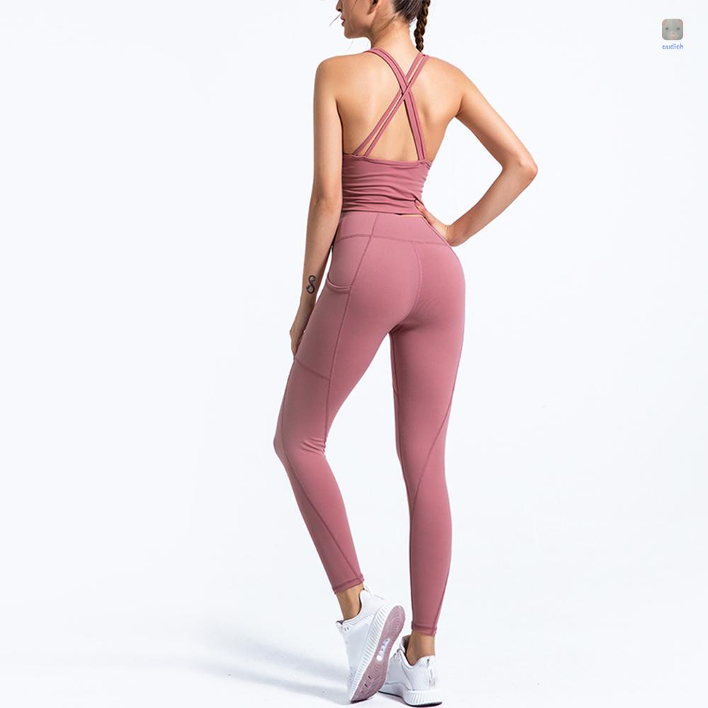 Bộ Trang Phục Thể Thao 2 Mảnh Gồm Áo Không Tay Lưng Cao Và Quần Legging Không Đường May Có Túi Bên Hông Dành Cho Nữ