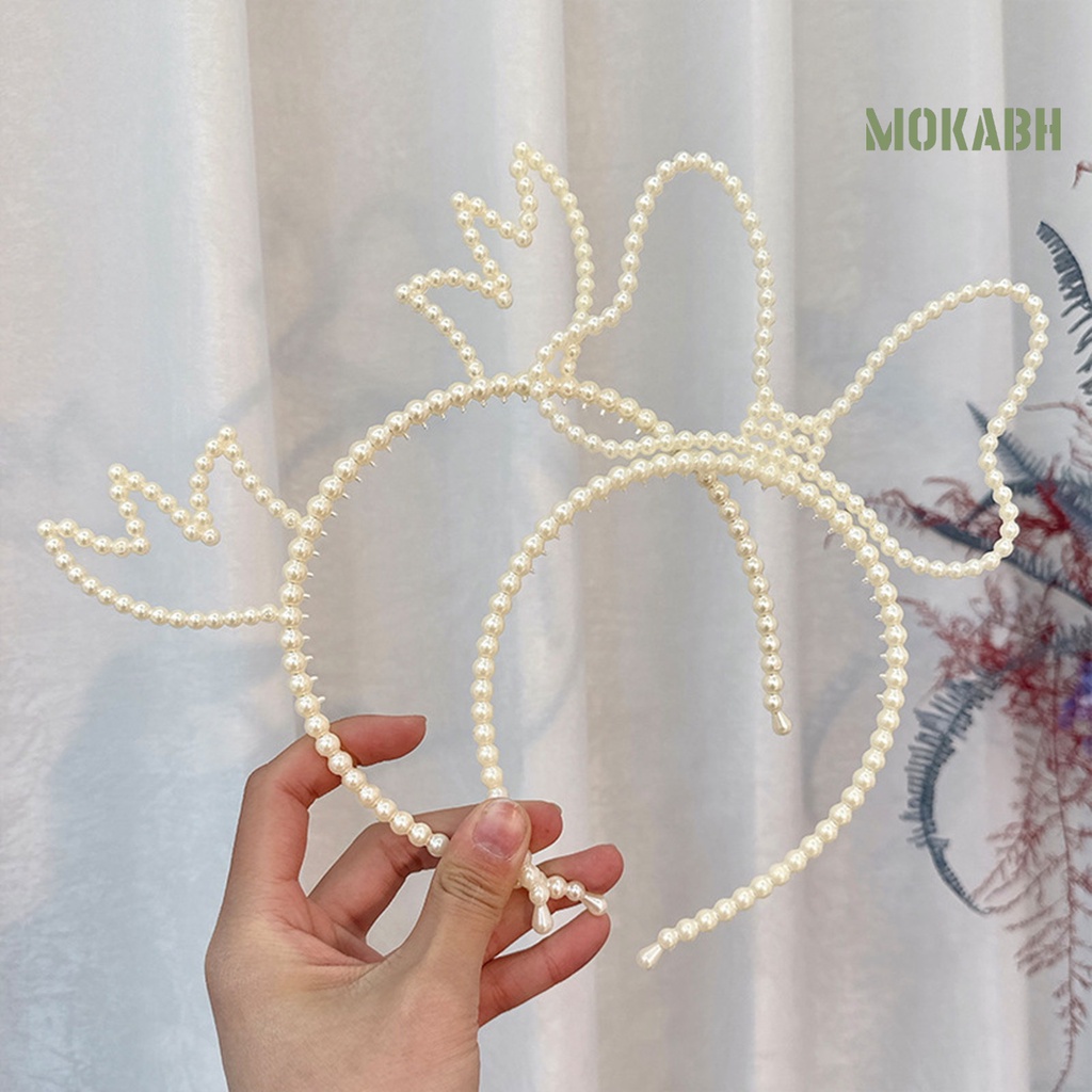 Băng Đô Hình Nơ Đính Ngọc Trai Giả Màu Trơn Co Giãn Dành Cho Nữ