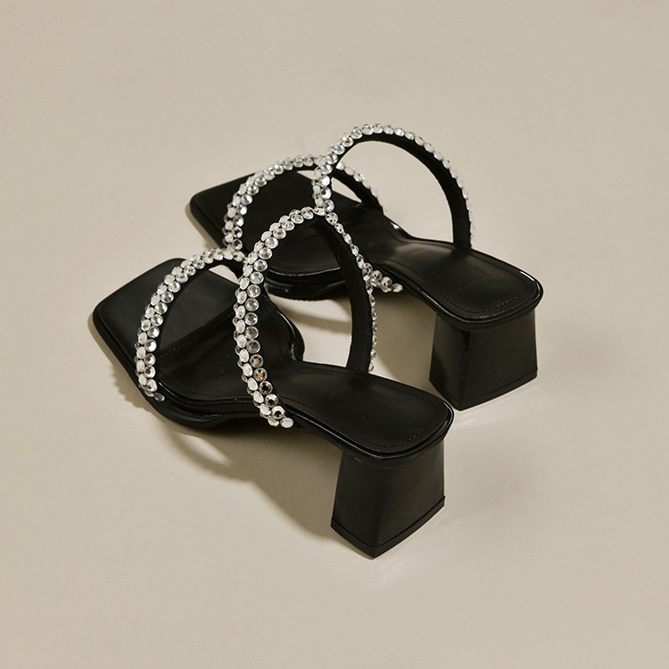 Duoya Tóc Thẳng ~ [Hàng Có Sẵn] Giày Cao Gót Sandal Hở Ngón Đế Dày Quai Đính Đá Rhinestone Dễ Phối Đồ Cho Nữ Miễn Phí Vận Chuyển