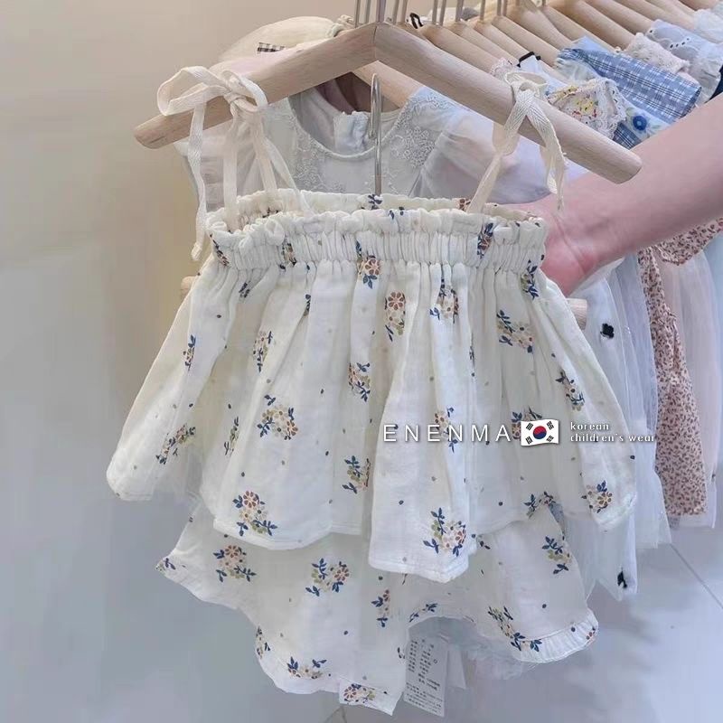 Bộ Áo Hai Dây Phối Quần Short In Hoa Kiểu Hàn Quốc Thời Trang Mùa Hè 2023 Cho Bé Gái