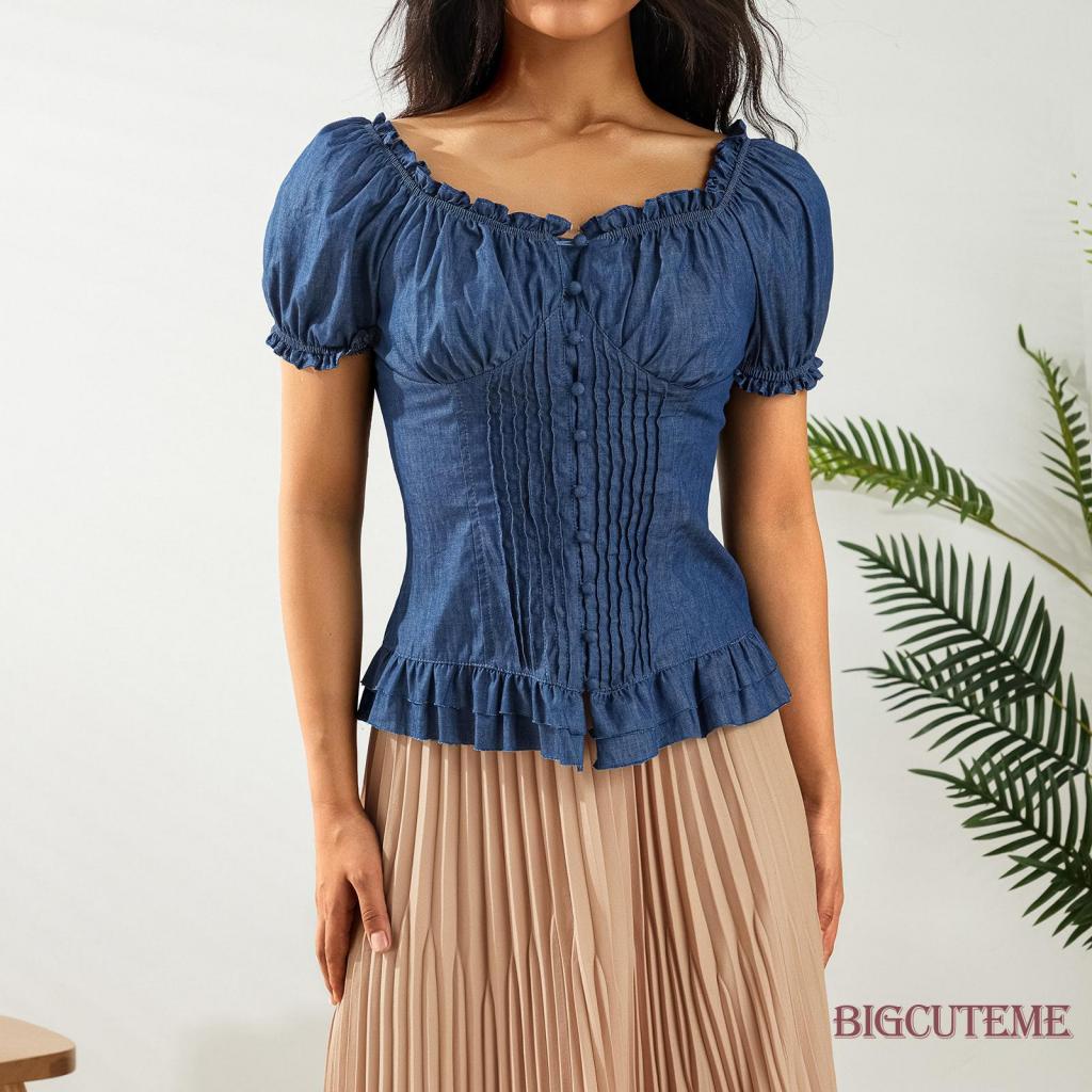 Áo Croptop Tay Ngắn Cổ Vuông Thời Trang Mùa Hè Xinh Xắn Cho Nữ