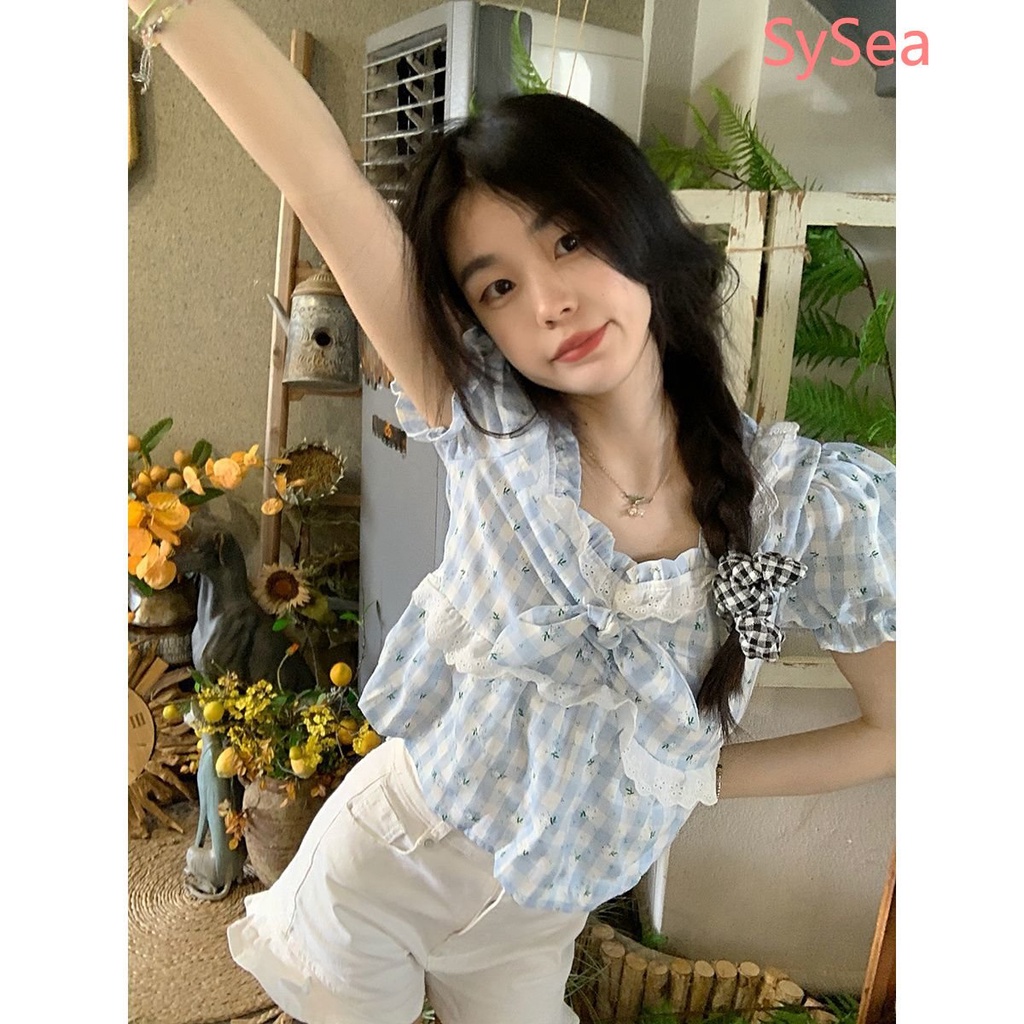 Áo Kiểu Cổ Vuông Họa Tiết Sọc Caro Đính Nơ Thời Trang Mùa Hè Cho Nữ