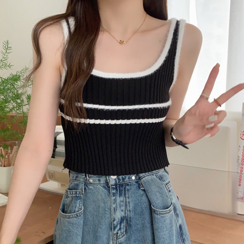 Áo Dệt Kim Cổ Vuông Màu Sắc Tương Phản Phong Cách Hàn Quốc Thời Trang Mùa Hè Xinh Xắn Cho Nữ