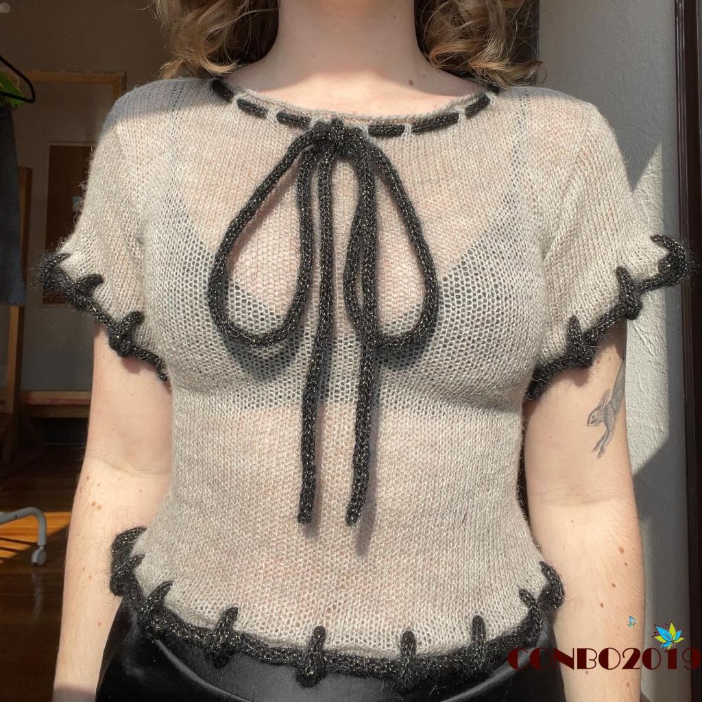 Áo Croptop Dệt Kim Tay Ngắn Phối Dây Rút Thời Trang Mùa Hè Cho Nữ