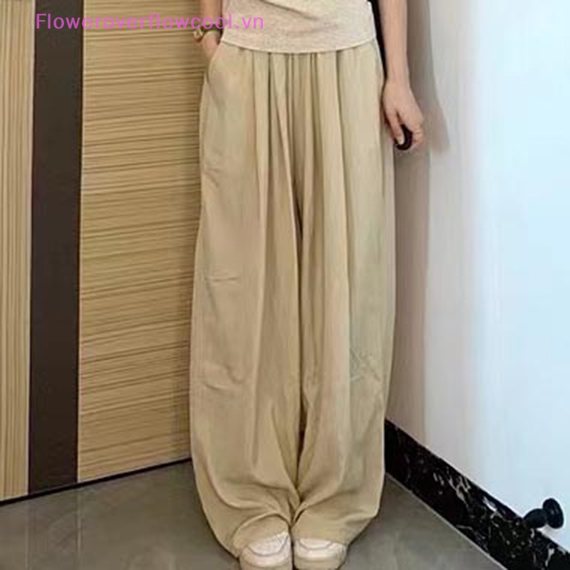 Quần Ống Rộng Cạp Cao Vải Lụa Lạnh Màu Mơ Phong Cách Lười Mùa Hè Cho Nữ