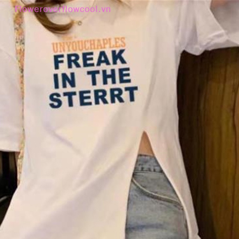 Áo Thun Nữ Ngắn Tay Cổ Tròn Xẻ Tà In Chữ Thời Trang