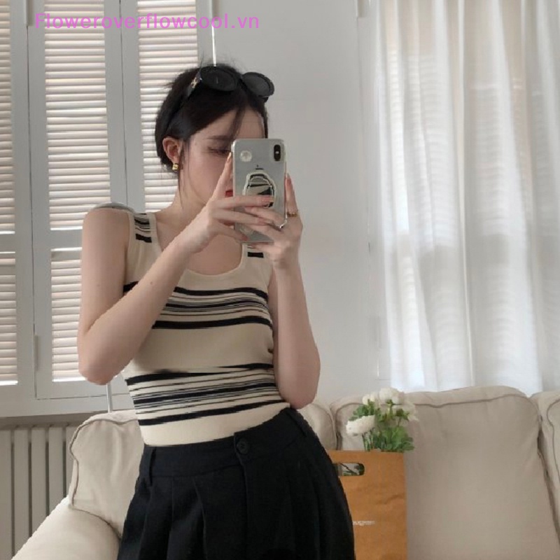 Áo Croptop Dệt Kim Không Tay Cổ Vuông Họa Tiết Kẻ Sọc Thời Trang Mùa Hè Quyến Rũ Cho Nữ