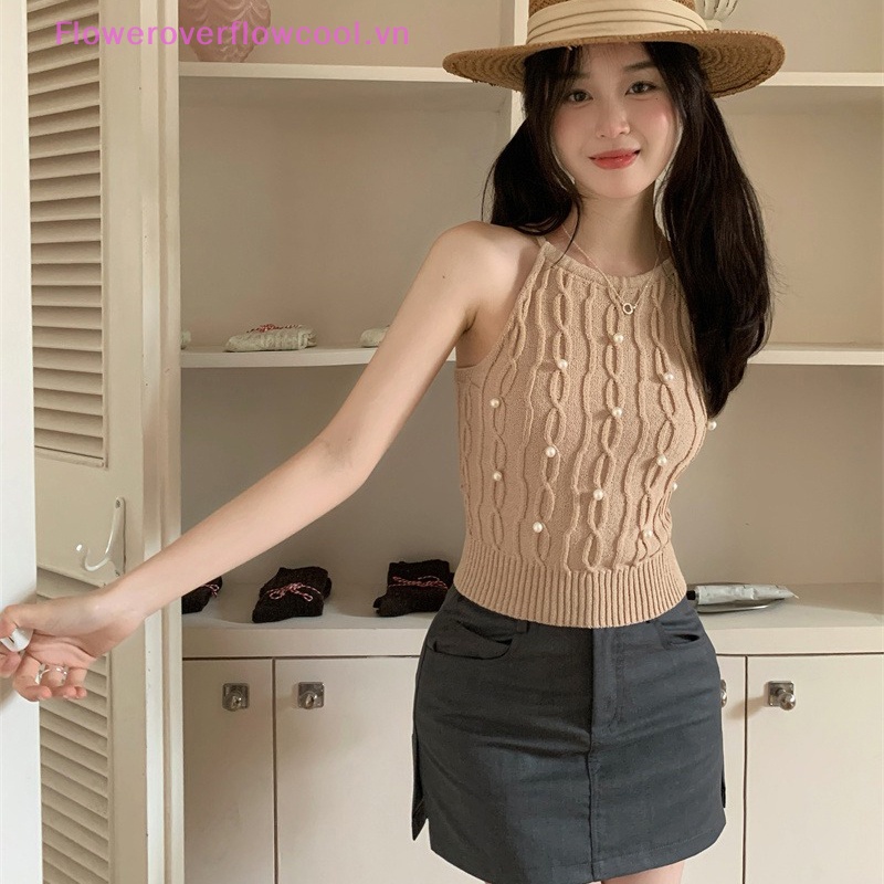 Áo Hai Dây Màu Trơn Đính Hạt Thời Trang Mùa Hè Hàn Quốc Cho Nữ