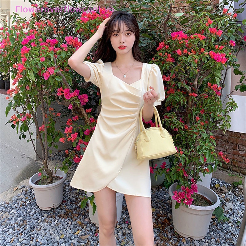 Đầm Mini Cổ Vuông Tay Phồng Xếp Ly Màu Trơn Thời Trang Mùa Hè Xinh Xắn Cho Nữ
