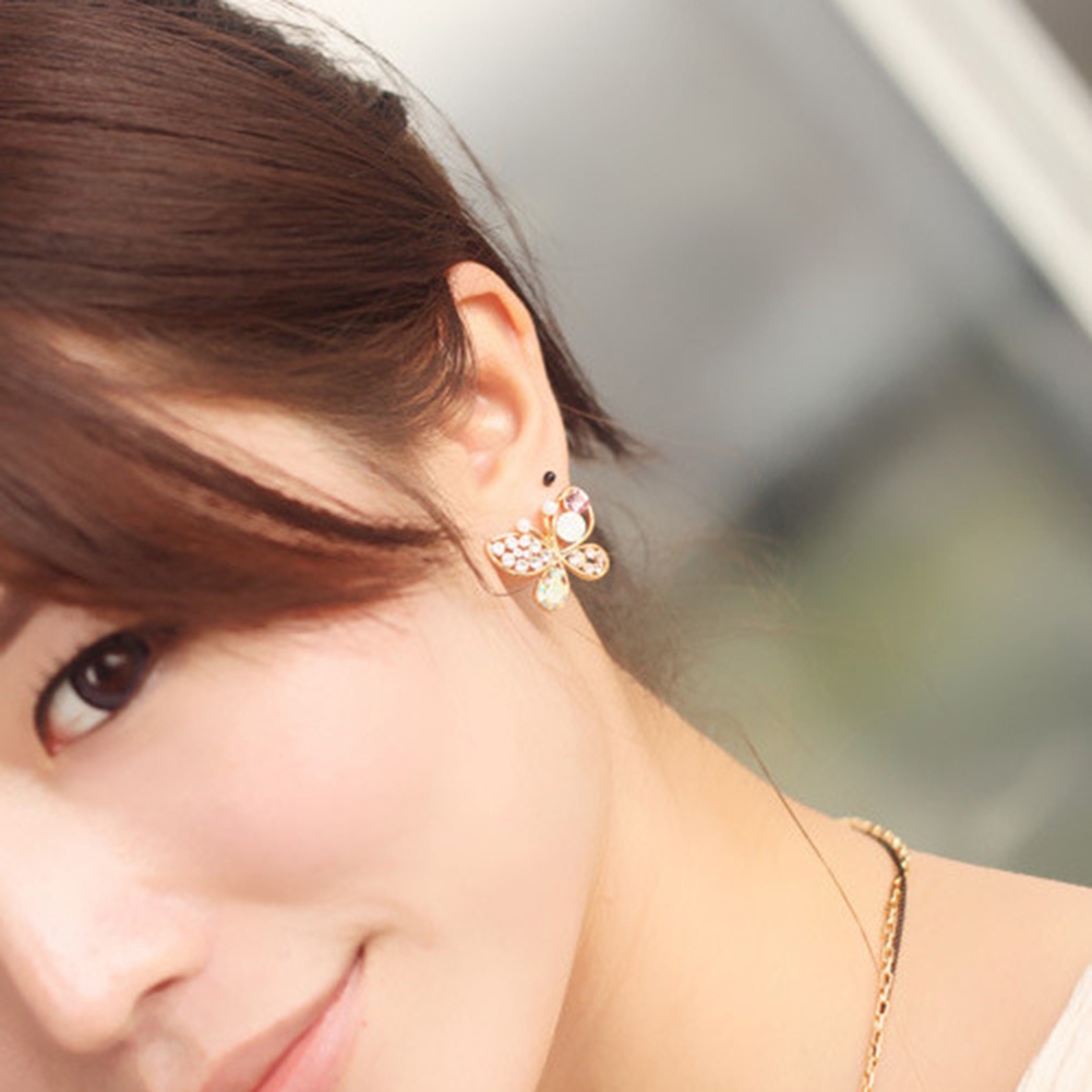 Bông Tai Hình Bướm Rỗng Đính Kim Cương &amp; Ngọc Trai Nhiều Màu Thời Trang Cho Nữ