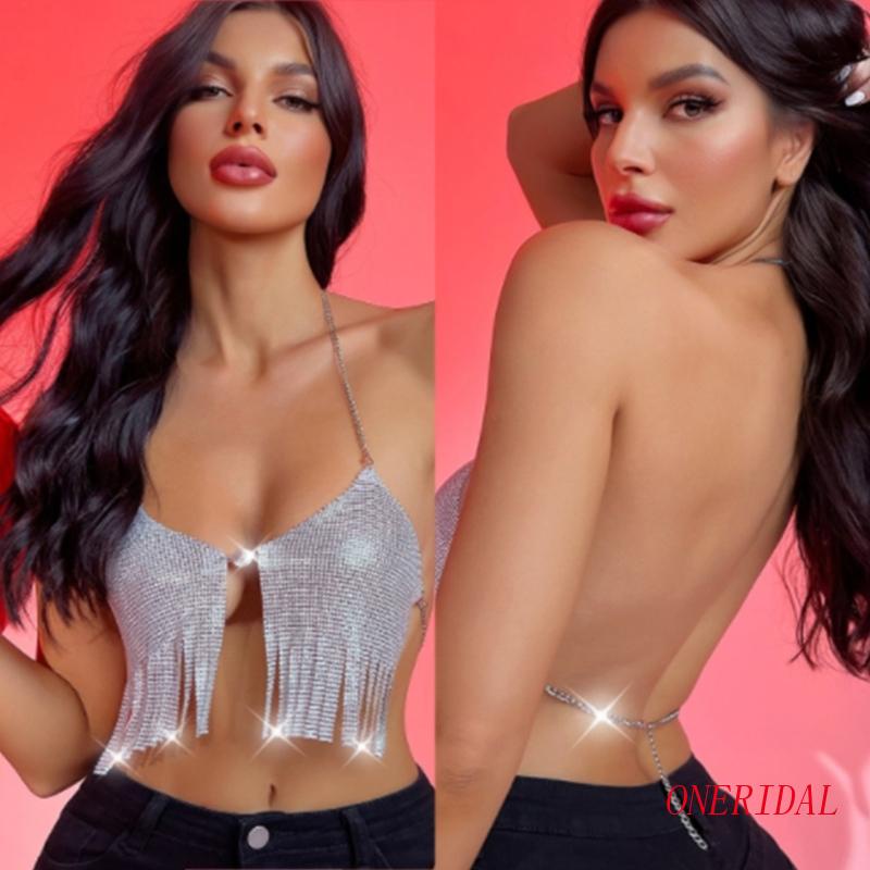 Oneri Áo Croptop Dây Xích Kim Loại Hở Lưng Phối Tua Rua Dự Tiệc Đêm