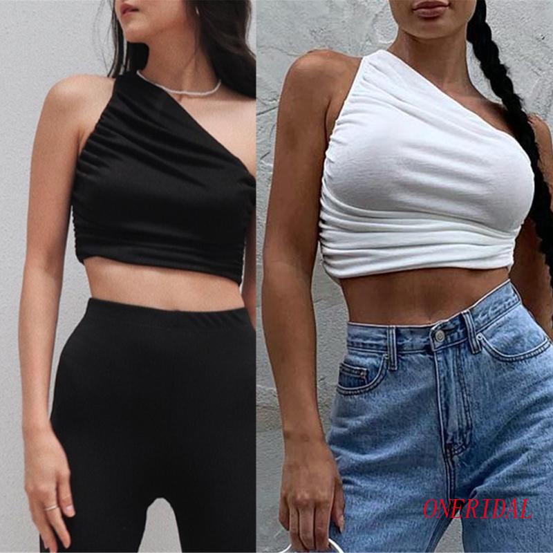 Áo Croptop Lệch Vai Không Tay Màu Trơn Ôm Dáng Quyến Rũ Cho Nữ