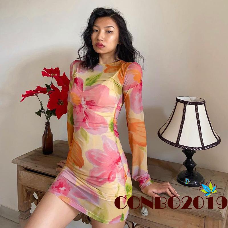 Đầm Ngắn Tay Dài Cổ Tròn Eo Cao Xuyên Thấu In Họa Tiết Hoa Cho Nữ