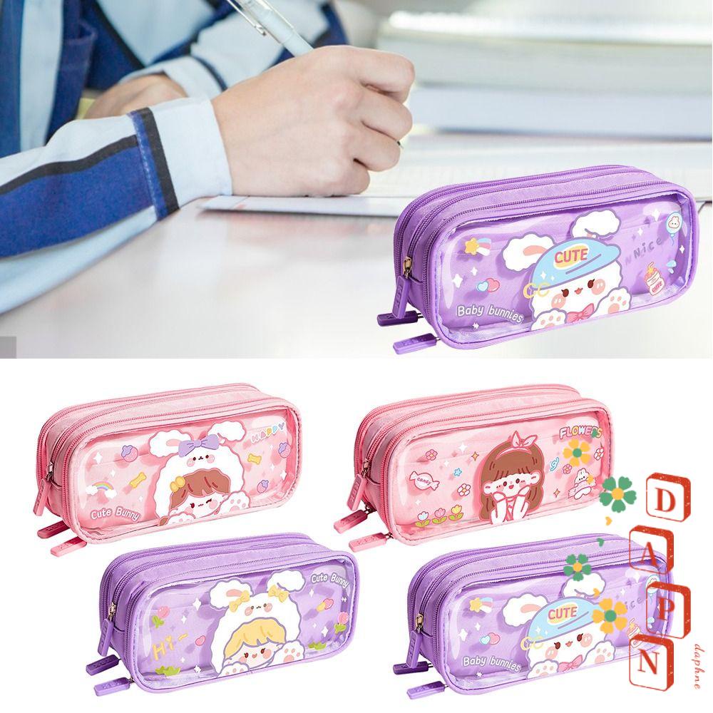 Túi Đựng Bút DAPHS Ba Ngăn Trong Suốt Họa Tiết Hoạt Hình Có Khóa Kéo