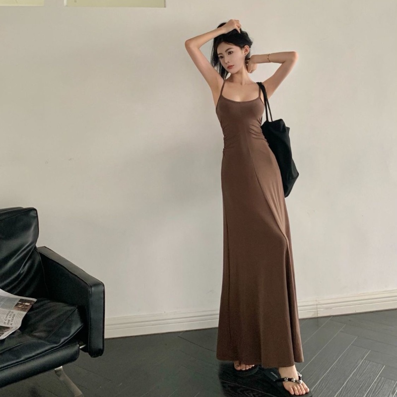 COZOK Đầm Sát Nách Dáng Dài Màu Trơn Thời Trang Retro Quyến Rũ Cho Nữ