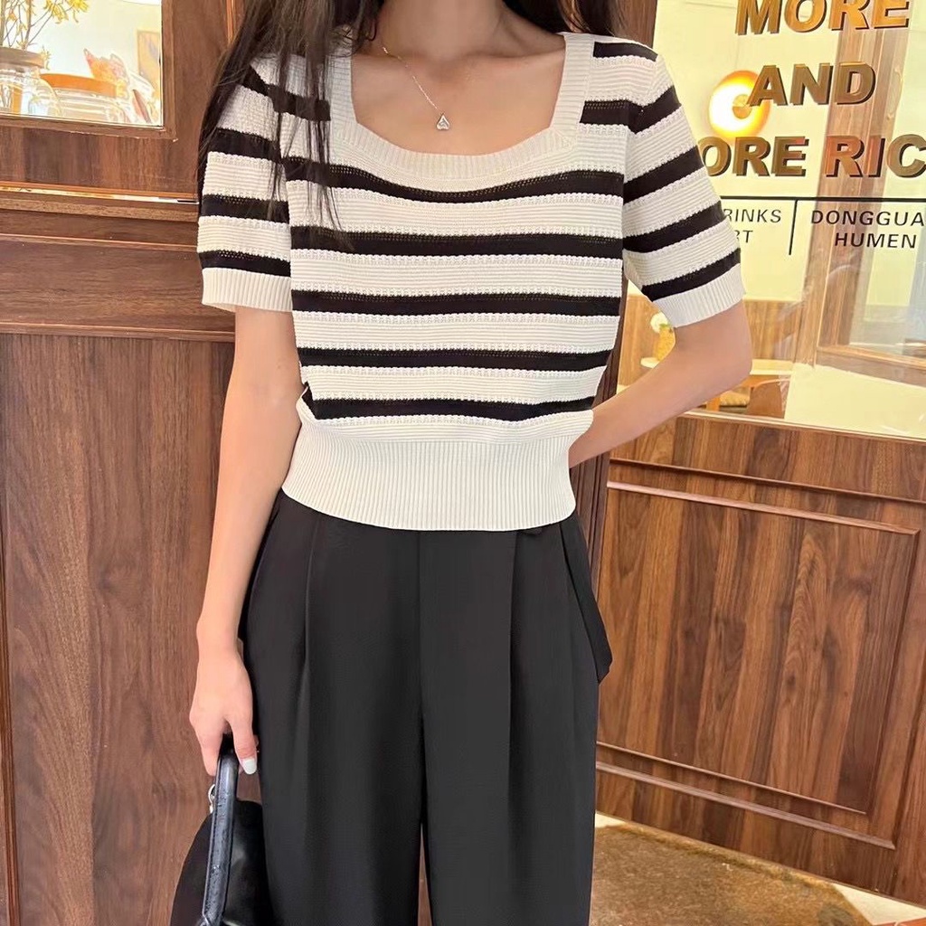 Áo Thun Dệt Kim Tay Ngắn Dáng Rộng Thoáng Khí Họa Tiết Kẻ Sọc Màu Sắc Tương Phản Thời Trang Mù
