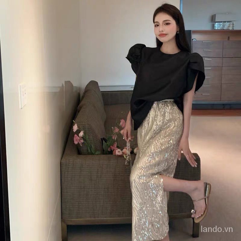 Set Áo Sơ Mi Tay Ngắn Phồng Màu Đen + Chân Váy Đính Kim Sa Lấp Lánh Phong Cách Cổ Điển Dành Cho Nữ