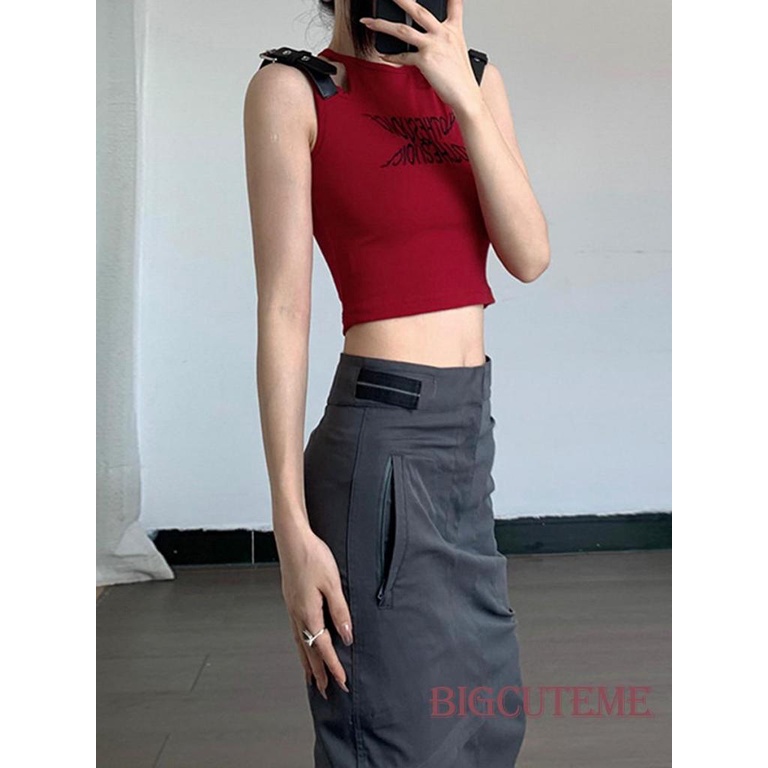 [] Áo Croptop Không Tay Cắt Xẻ Cơ Bản Thêu Chữ Mùa Hè Cho Nữ