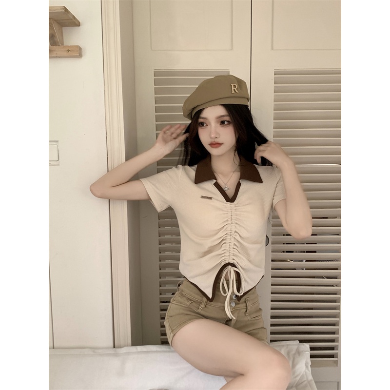 Áo Thun Polo Tay Ngắn Chất Liệu Cotton Phong Cách Hàn Quốc Thời Trang Cho Nữ