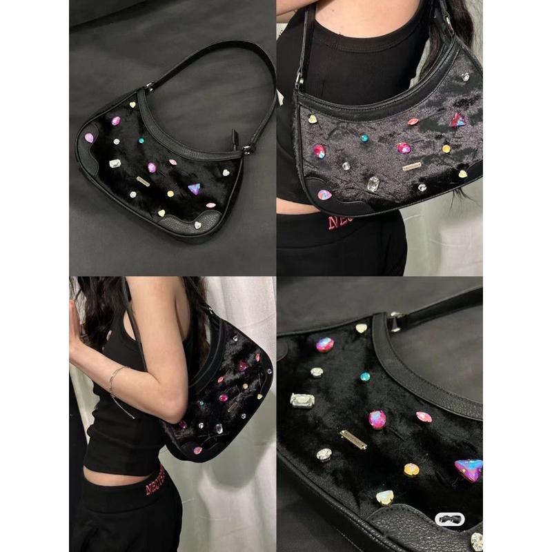 Túi Xách Da Phối Nhung Màu Đen Đính Kim Cương Sang Trọng Cho Nữ