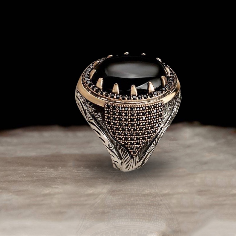Nhẫn Thép Titan Đính Đá Mã Não Đen Phong Cách Punk Cổ Điển Cho Nam