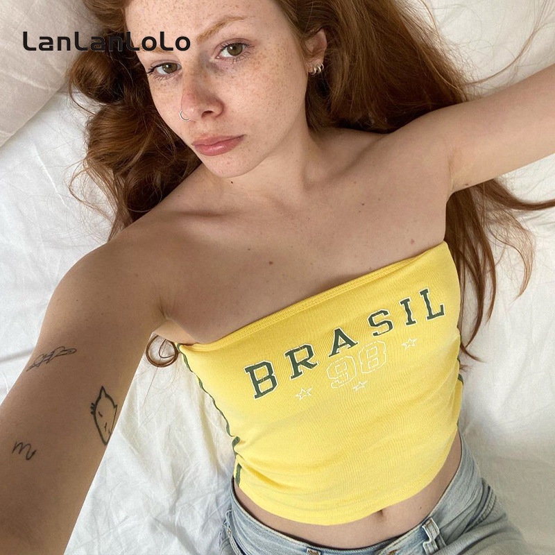 Áo ống LanLanLoLo 100% cotton dáng ôm in chữ thời trang 2023 cho nữ