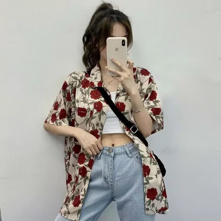 Áo Sơ Mi Tay Ngắn In Họa Tiết Hoa Hồng Phong Cách Nhật Bản Thời Trang Mùa Hè Cho Nữ