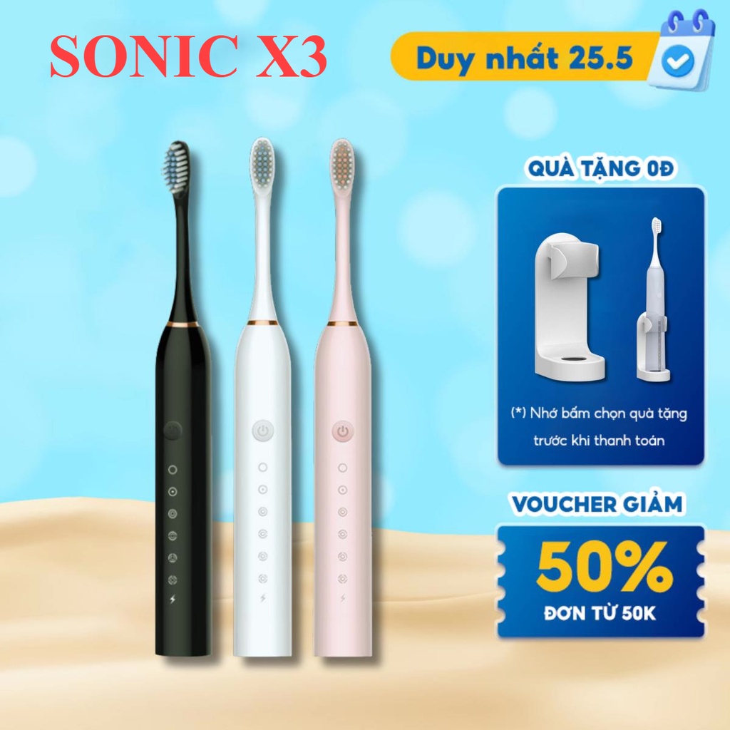 Bàn Chải Điện Đa Năng Thông Minh Sonic X-3 Sóng Âm Tặng Kèm 4 Đầu Thay Thế BCD01